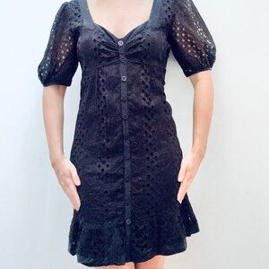 Black cotton eyelet mini dress Womens Small lined feminine boho summer fall